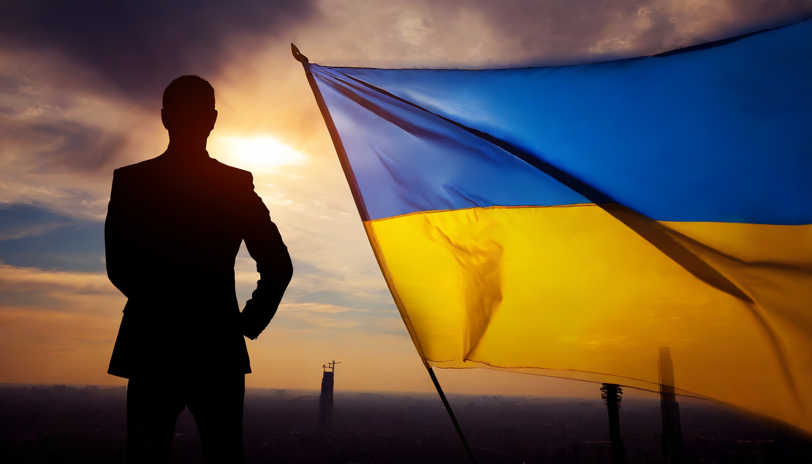 Man looking at Ukrainian flag